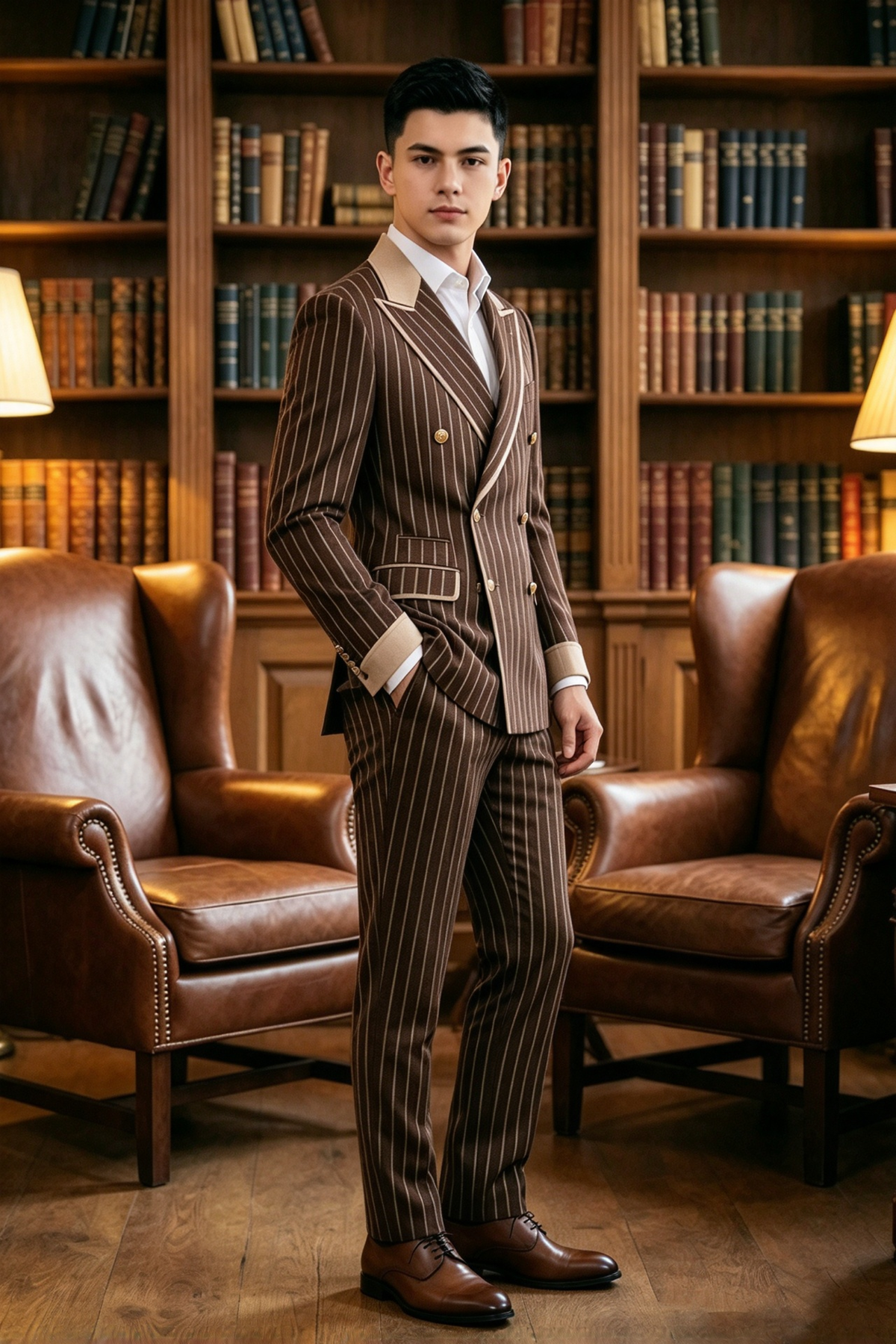 Brown Pinstripe Champagne Lapel Gold Button 2 Piece Formal Set