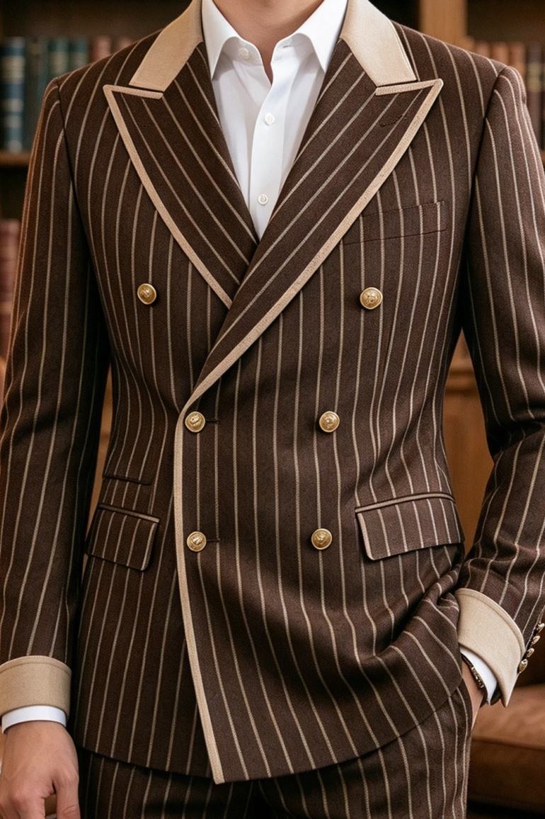 Brown Pinstripe Champagne Lapel Gold Button 2 Piece Formal Set