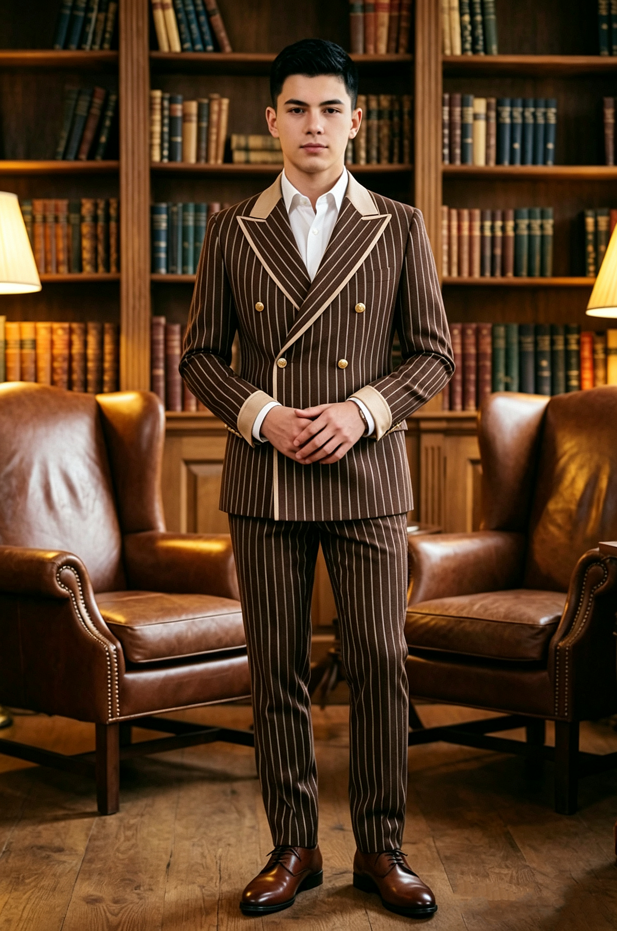 Brown Pinstripe Champagne Lapel Gold Button 2 Piece Formal Set