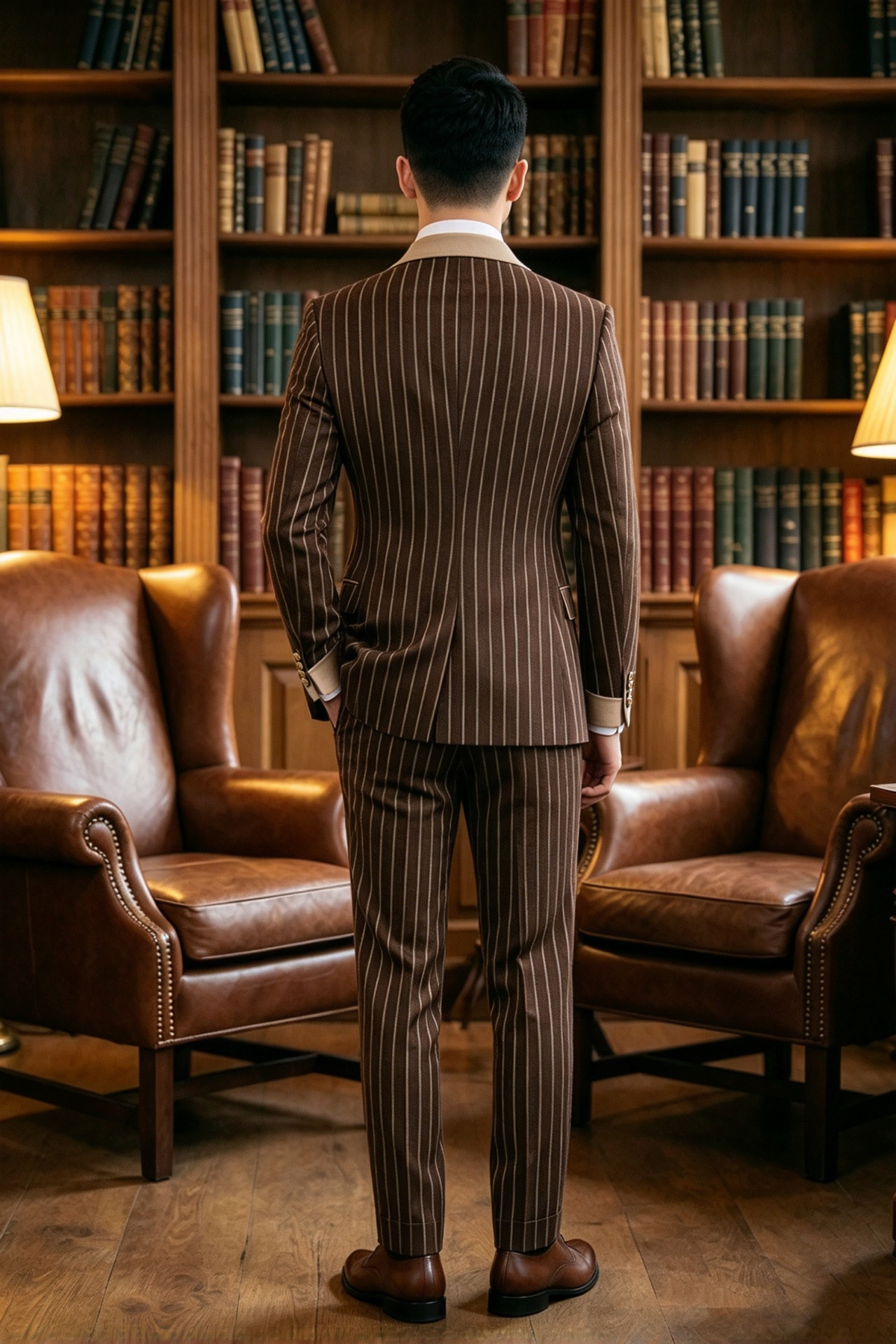 Brown Pinstripe Champagne Lapel Gold Button 2 Piece Formal Set