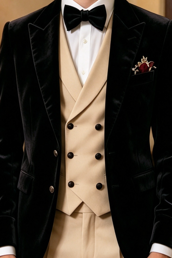 Black Velvet & Apricot Double Breasted Tuxedo 3 Piece Suit