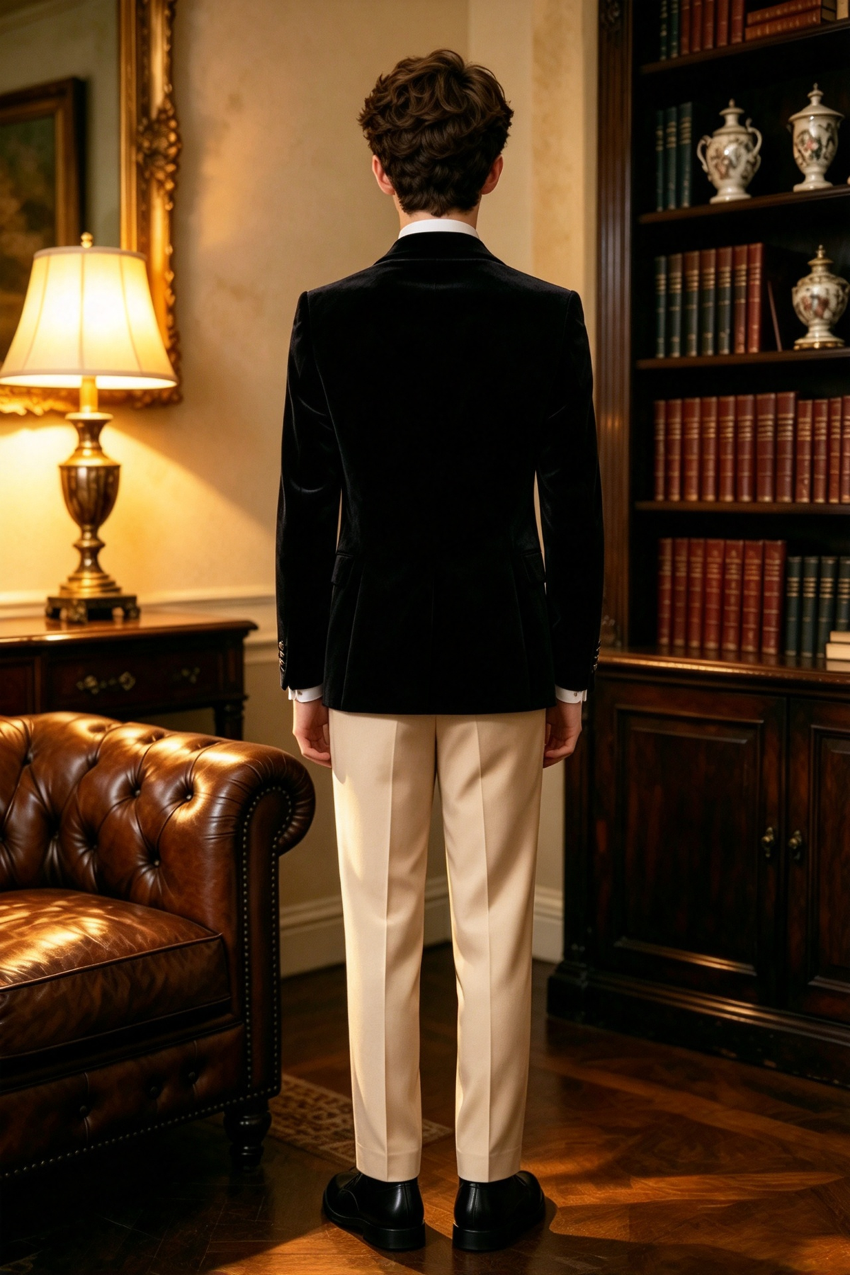 Black Velvet & Apricot Double Breasted Tuxedo 3 Piece Suit