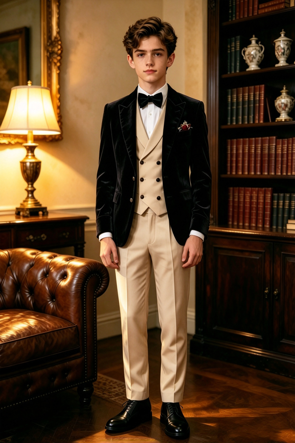 Black Velvet & Apricot Double Breasted Tuxedo 3 Piece Suit