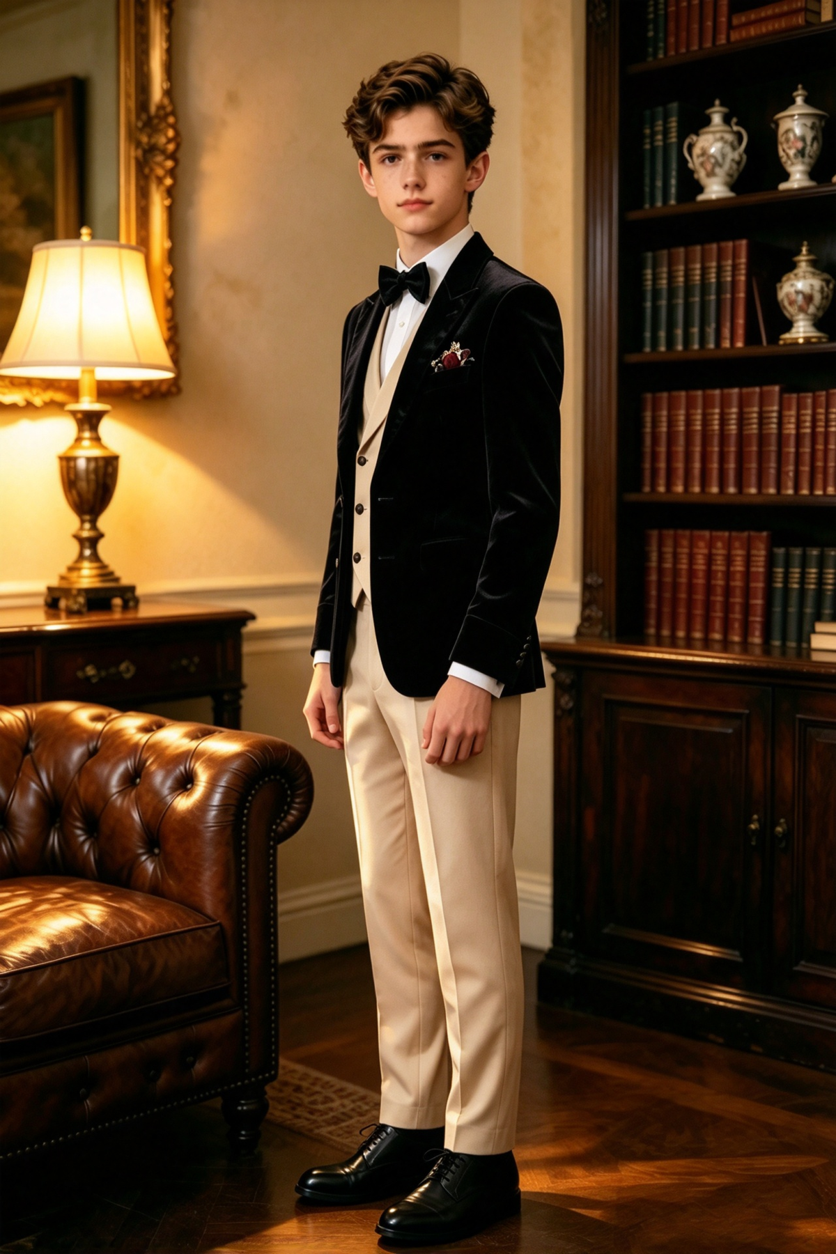 Black Velvet & Apricot Double Breasted Tuxedo 3 Piece Suit