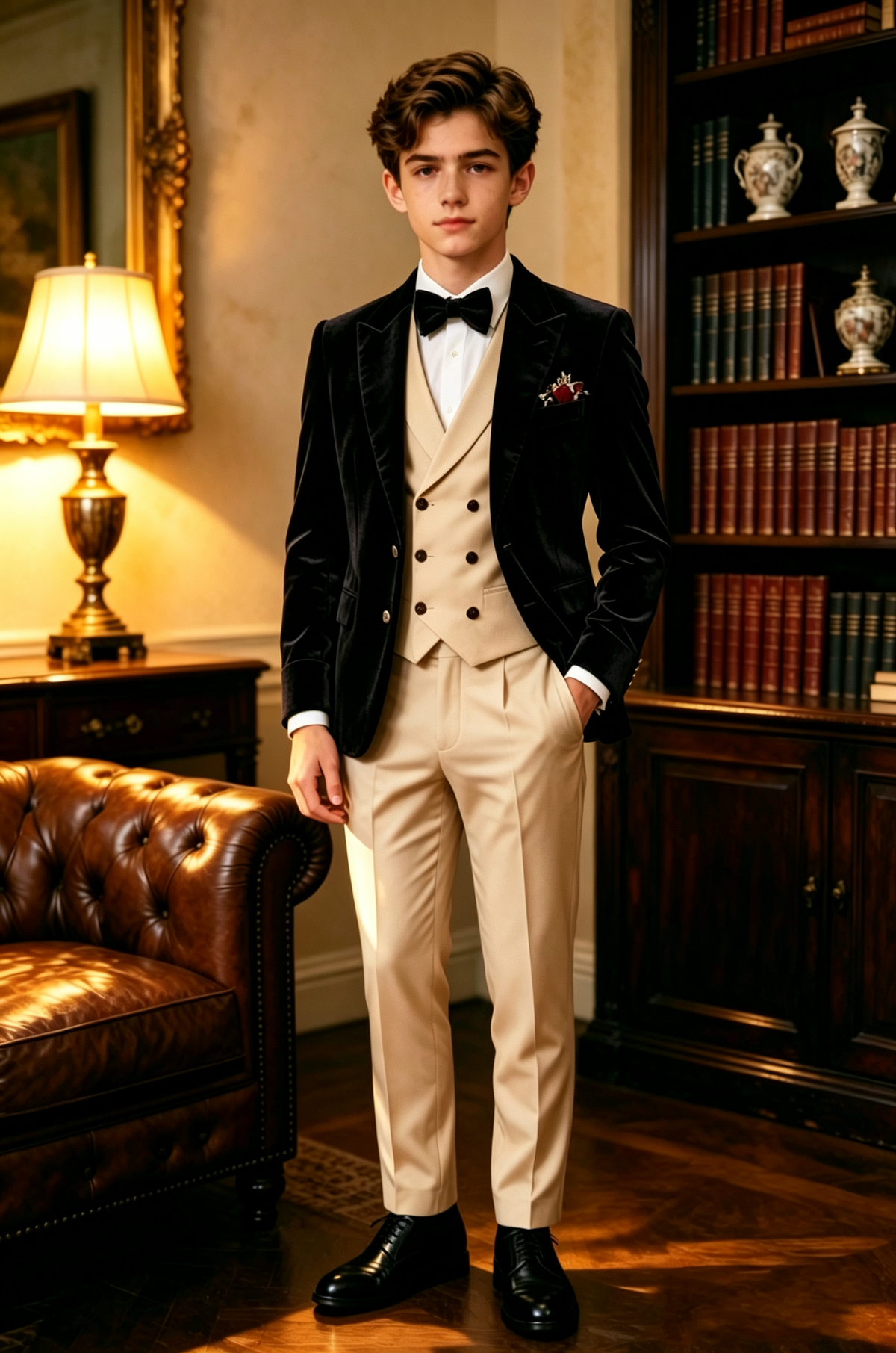 Black Velvet & Apricot Double Breasted Tuxedo 3 Piece Suit