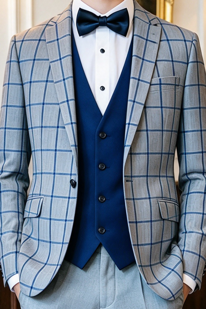 Grey & Blue Windowpane Check Boys Single Breasted 3 Piece Suit
