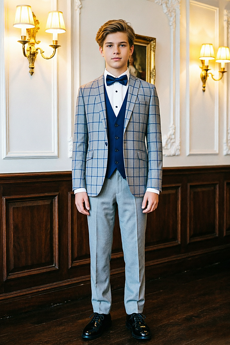 Grey & Blue Windowpane Check Boys Single Breasted 3 Piece Suit