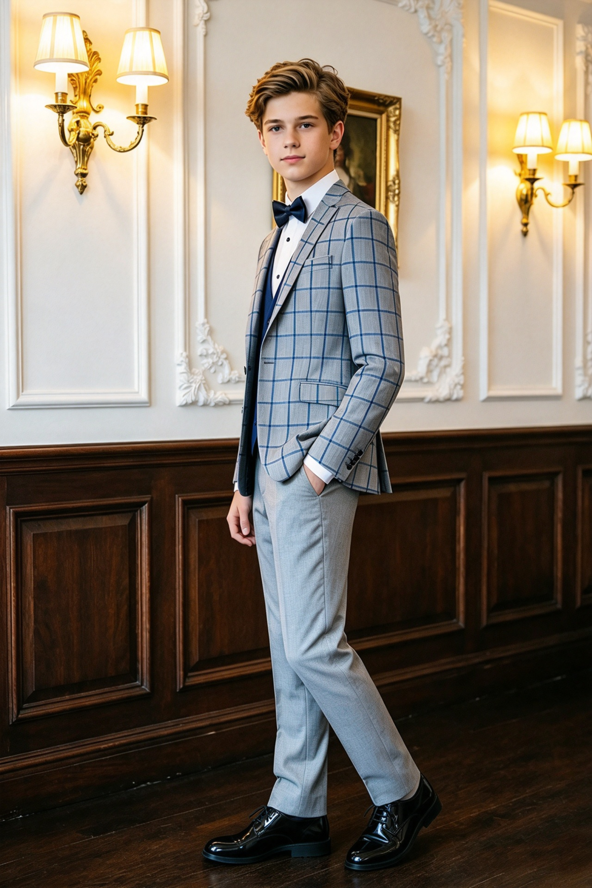 Grey & Blue Windowpane Check Boys Single Breasted 3 Piece Suit