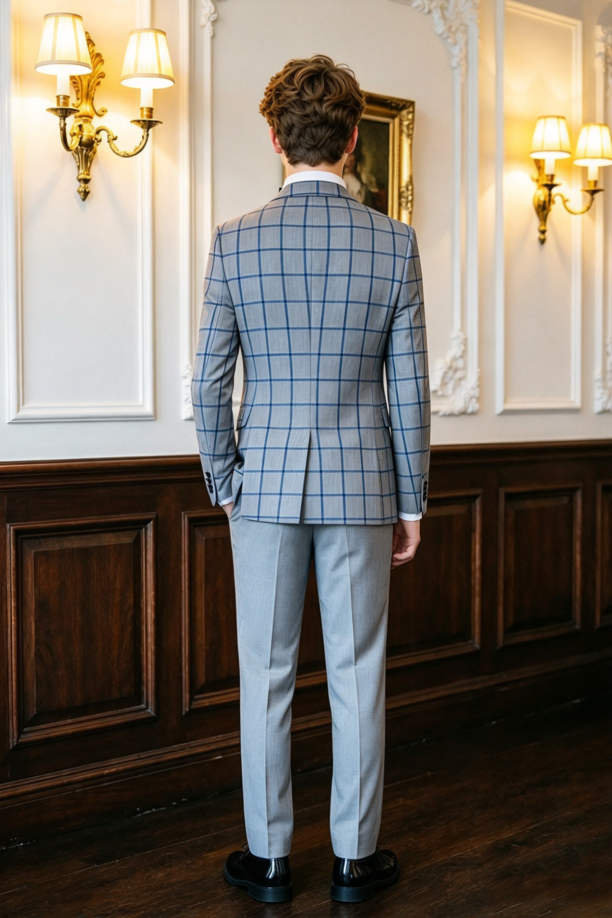 Grey & Blue Windowpane Check Boys Single Breasted 3 Piece Suit
