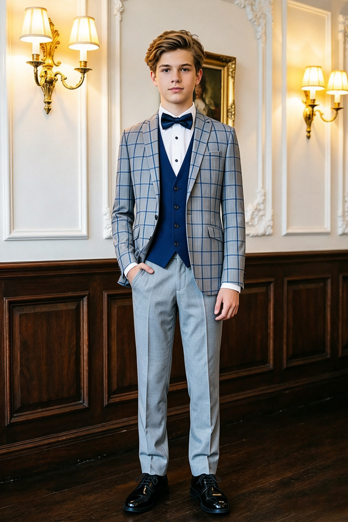 Grey & Blue Windowpane Check Boys Single Breasted 3 Piece Suit