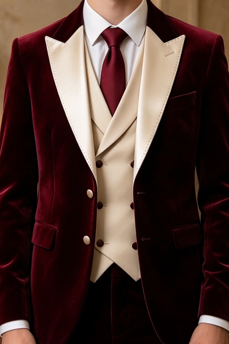 Burgundy Velvet Boys Champagne Lapel Double Breasted 3 Piece Suit