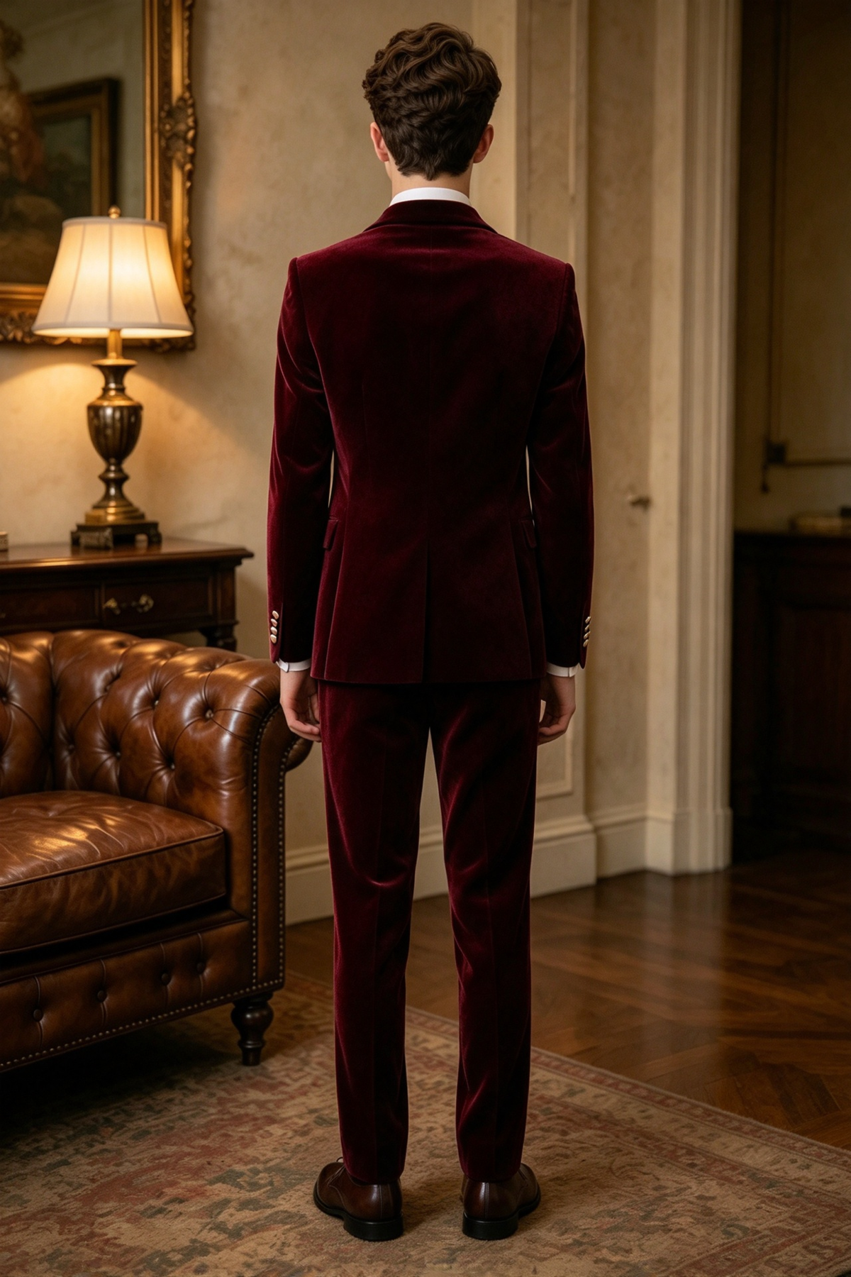 Burgundy Velvet Boys Champagne Lapel Double Breasted 3 Piece Suit