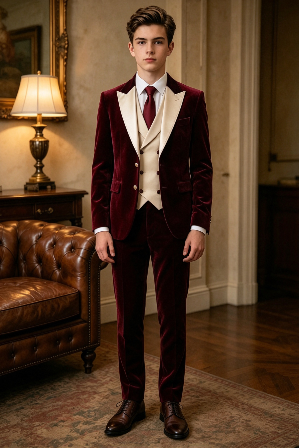 Burgundy Velvet Boys Champagne Lapel Double Breasted 3 Piece Suit