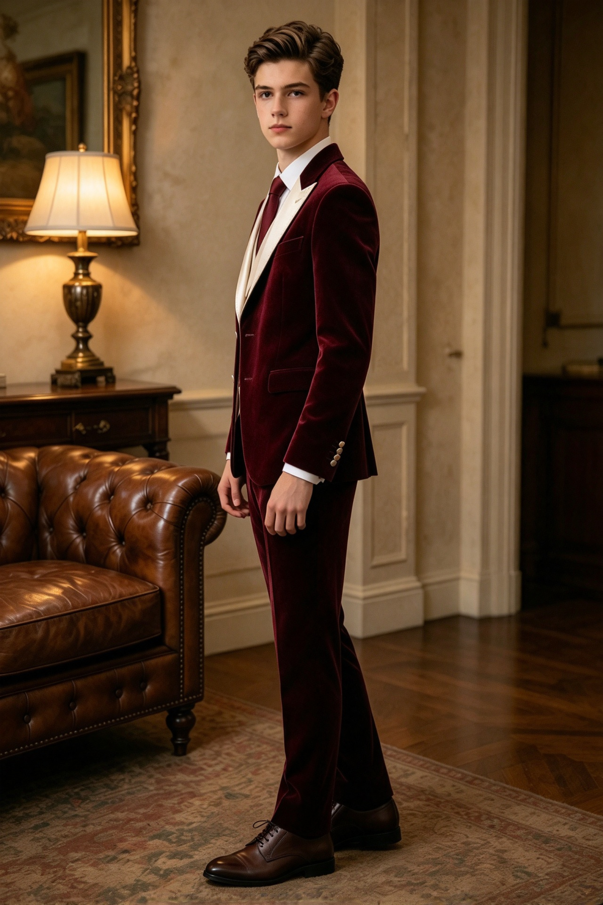 Burgundy Velvet Boys Champagne Lapel Double Breasted 3 Piece Suit