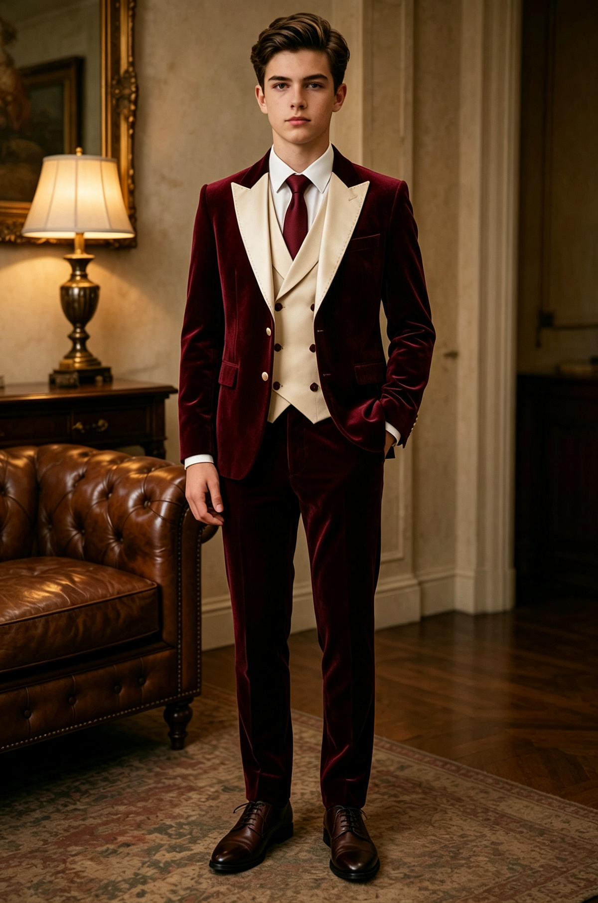Burgundy Velvet Boys Champagne Lapel Double Breasted 3 Piece Suit
