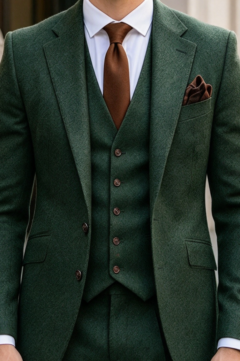 Dark Green Boys Thick fabric Single Breasted 3 Piece Suit
