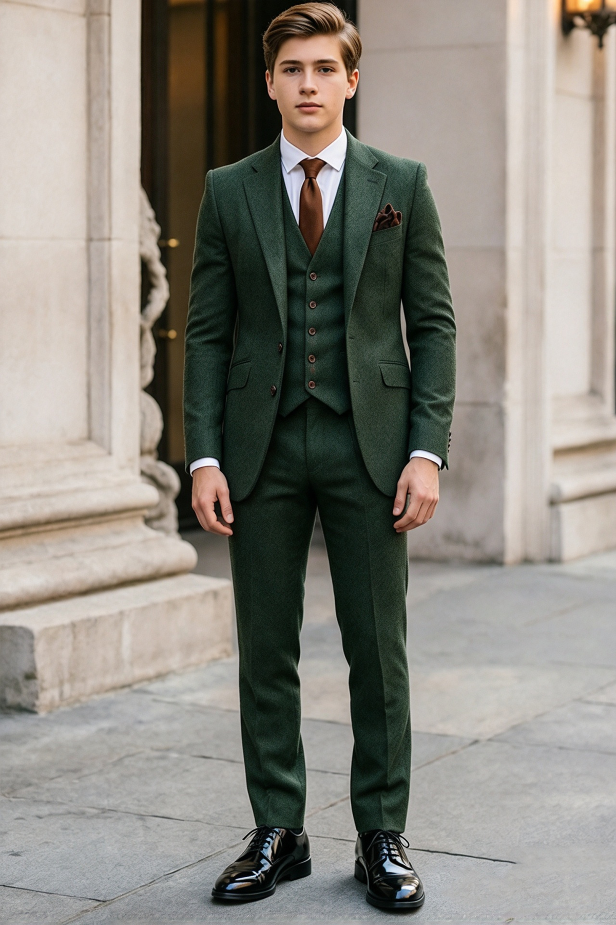 Dark Green Boys Thick fabric Single Breasted 3 Piece Suit