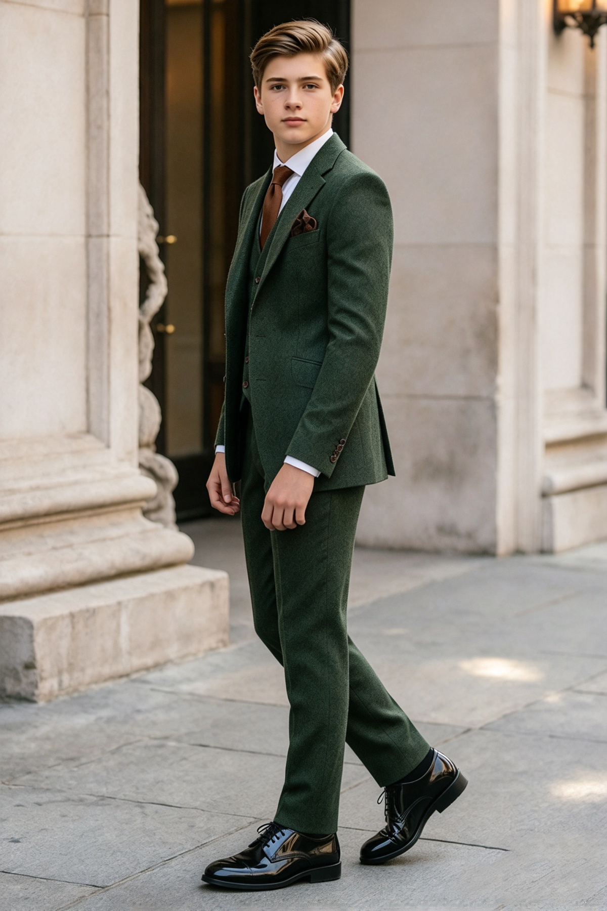 Dark Green Boys Thick fabric Single Breasted 3 Piece Suit
