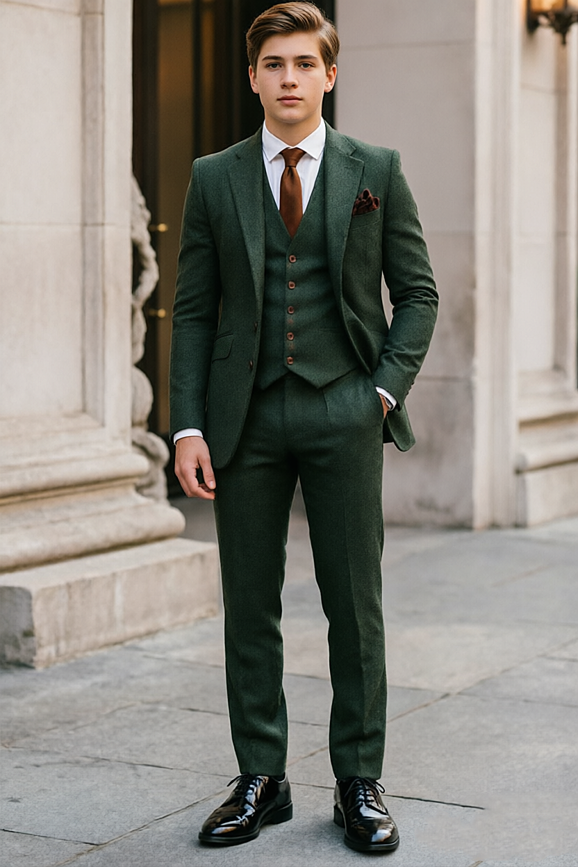 Dark Green Boys Thick fabric Single Breasted 3 Piece Suit