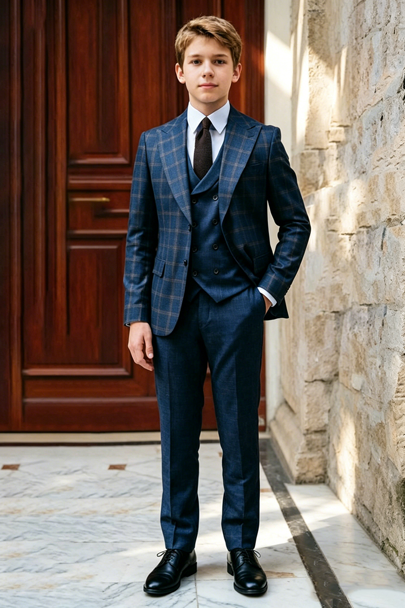 Boys Navy Plaid with Peak Lapel 3-Piece Suit
