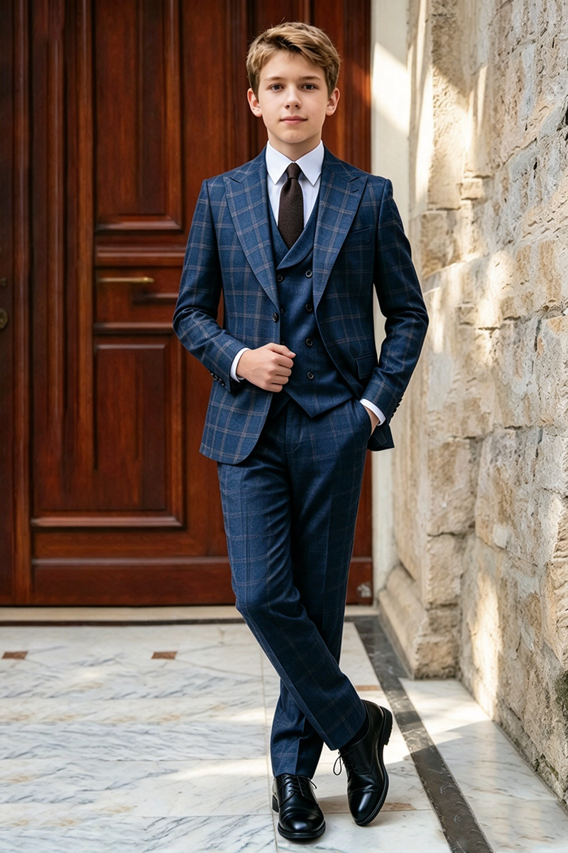 Boys Navy Plaid with Peak Lapel 3-Piece Suit