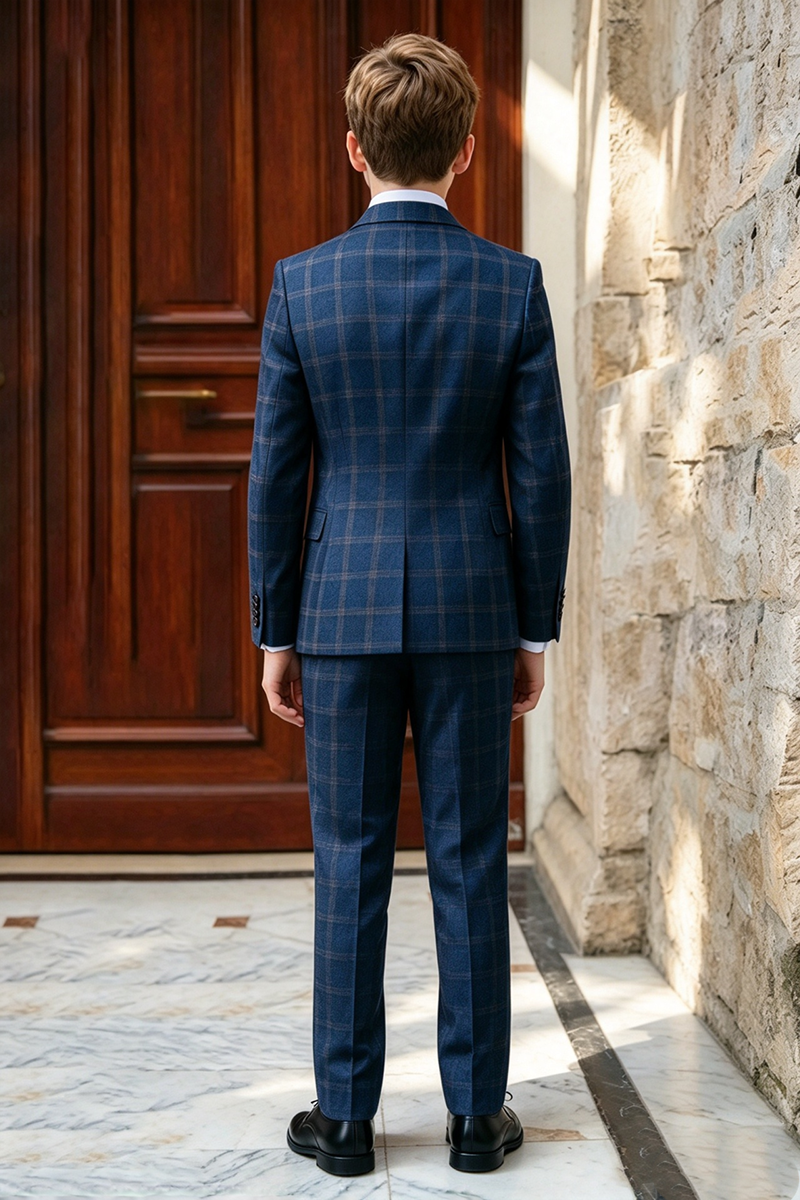 Boys Navy Plaid with Peak Lapel 3-Piece Suit