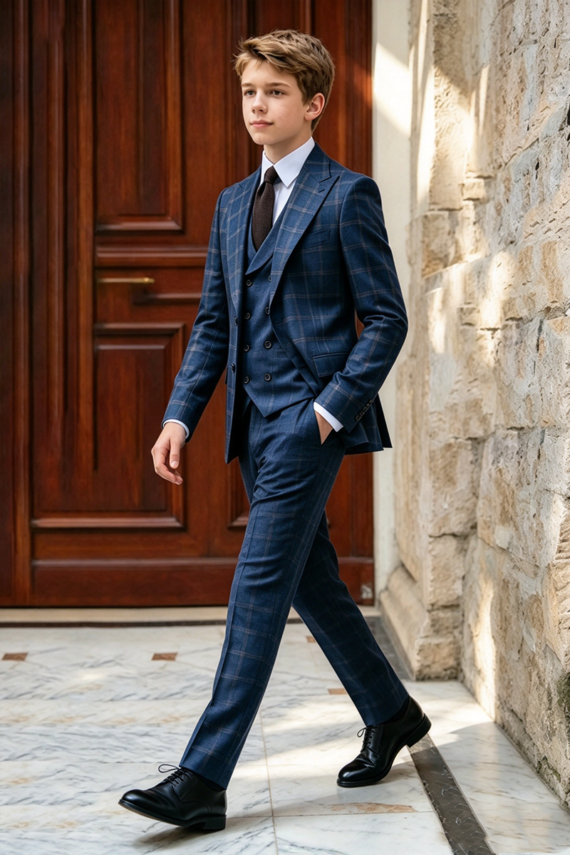 Boys Navy Plaid with Peak Lapel 3-Piece Suit
