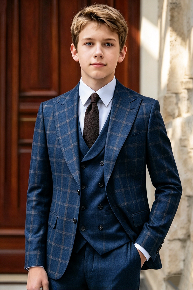 Boys Navy Plaid with Peak Lapel 3-Piece Suit