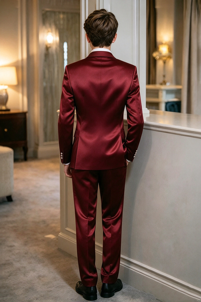 Boys Burgundy Satin with Peak Lapel 2-Piece Suit