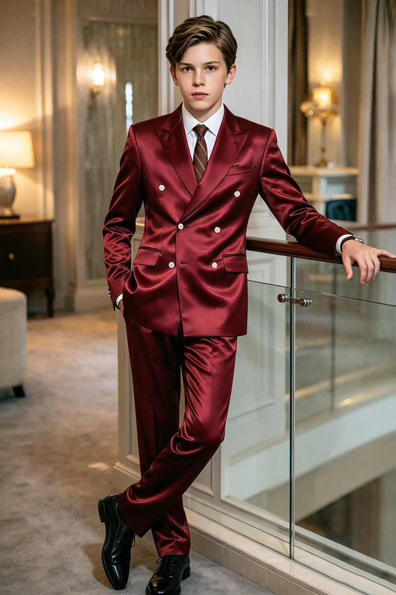 Boys Burgundy Satin with Peak Lapel 2-Piece Suit