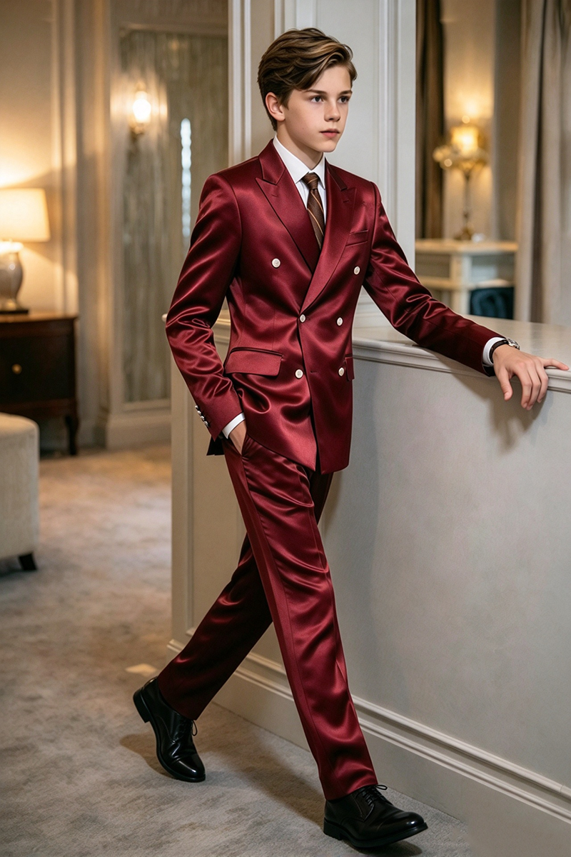 Boys Burgundy Satin with Peak Lapel 2-Piece Suit