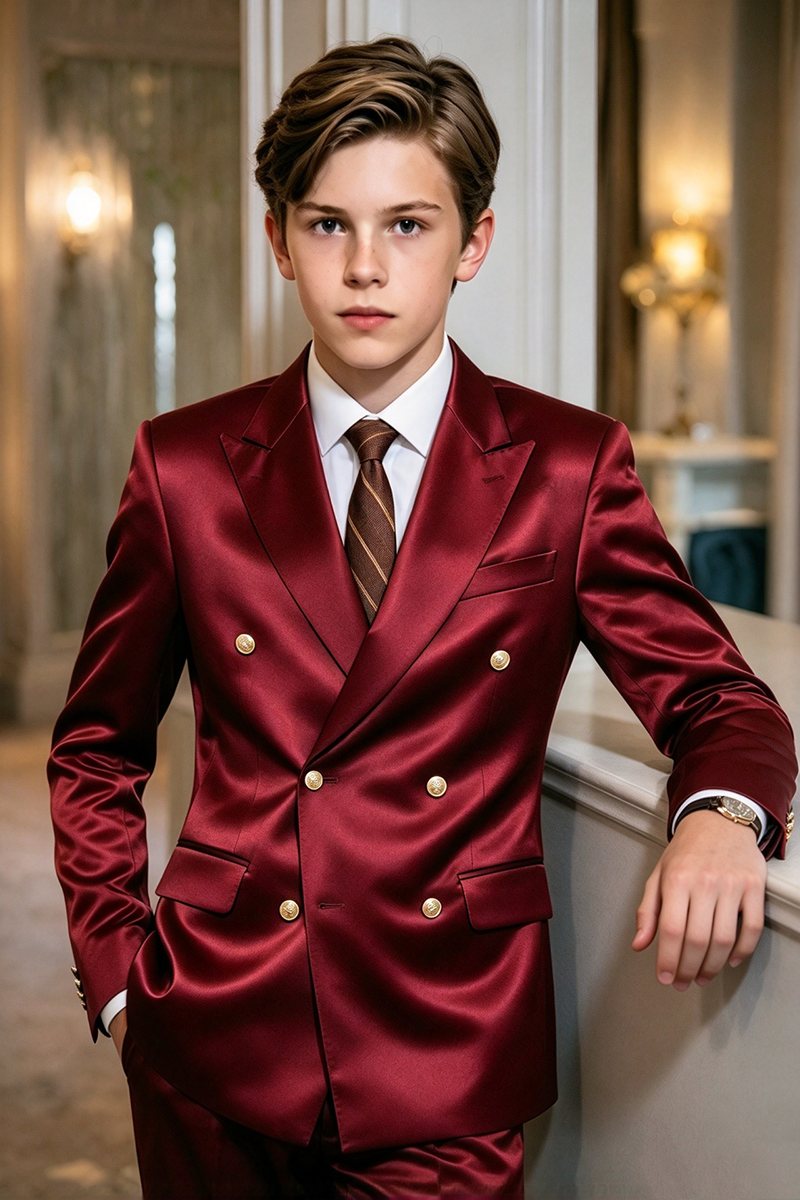 Boys Burgundy Satin with Peak Lapel 2-Piece Suit