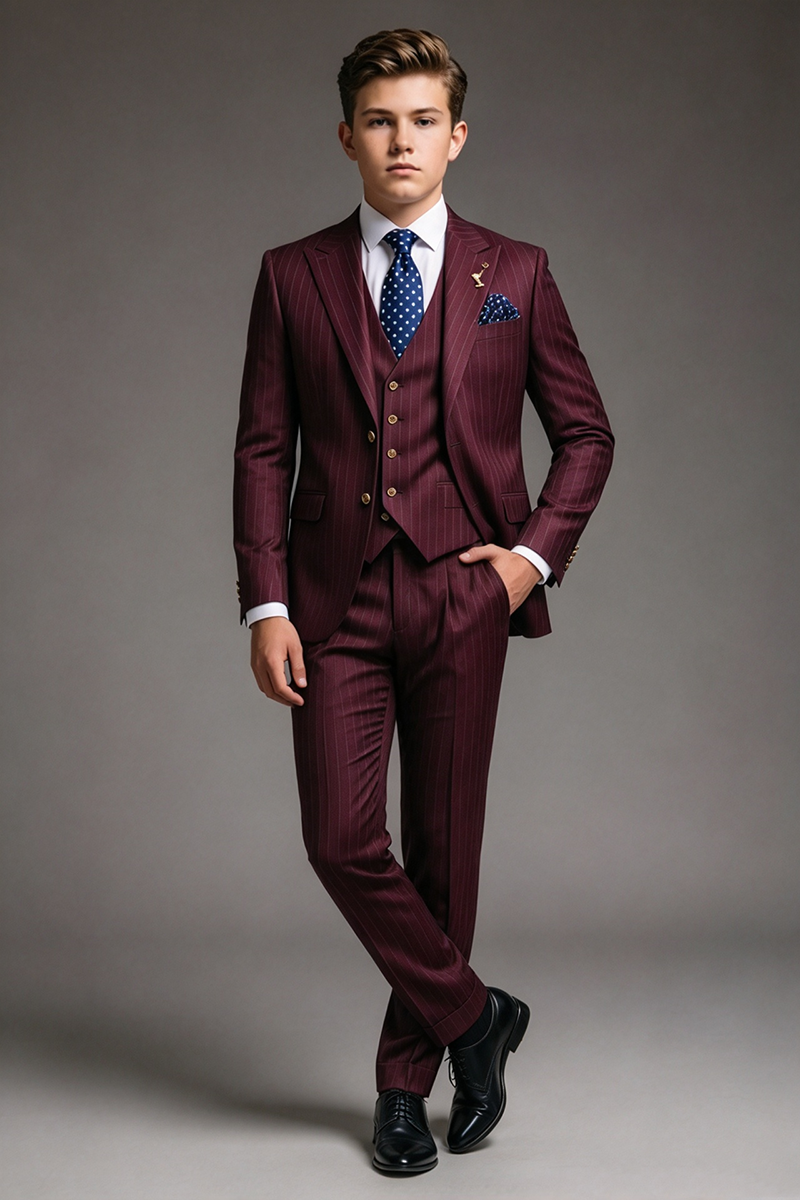 Boys Burgundy Pinstripe 3-Piece Suit