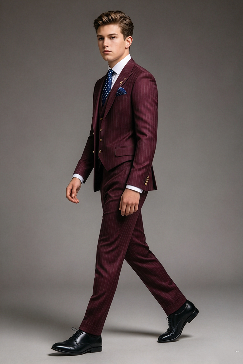 Boys Burgundy Pinstripe 3-Piece Suit