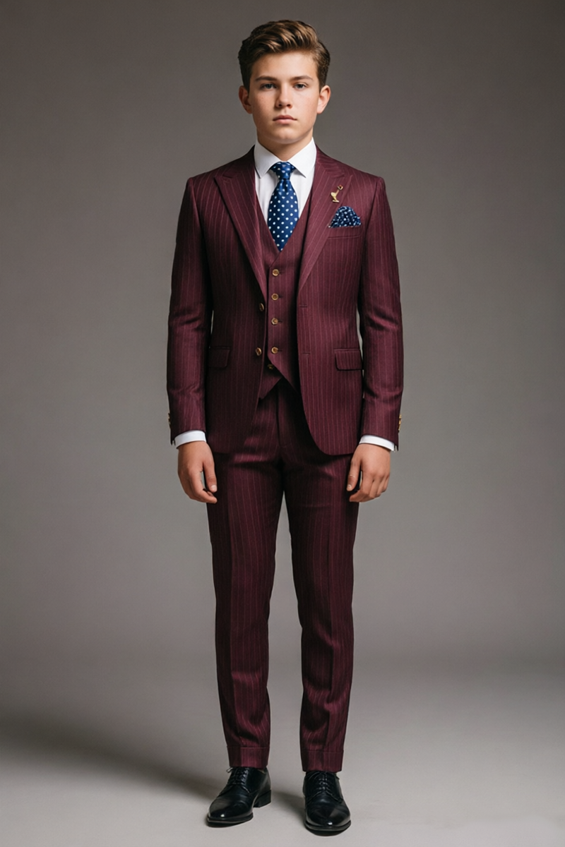Boys Burgundy Pinstripe 3-Piece Suit
