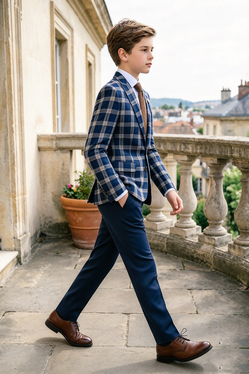 Boys Navy Plaid 2-Piece Suit for Weddings