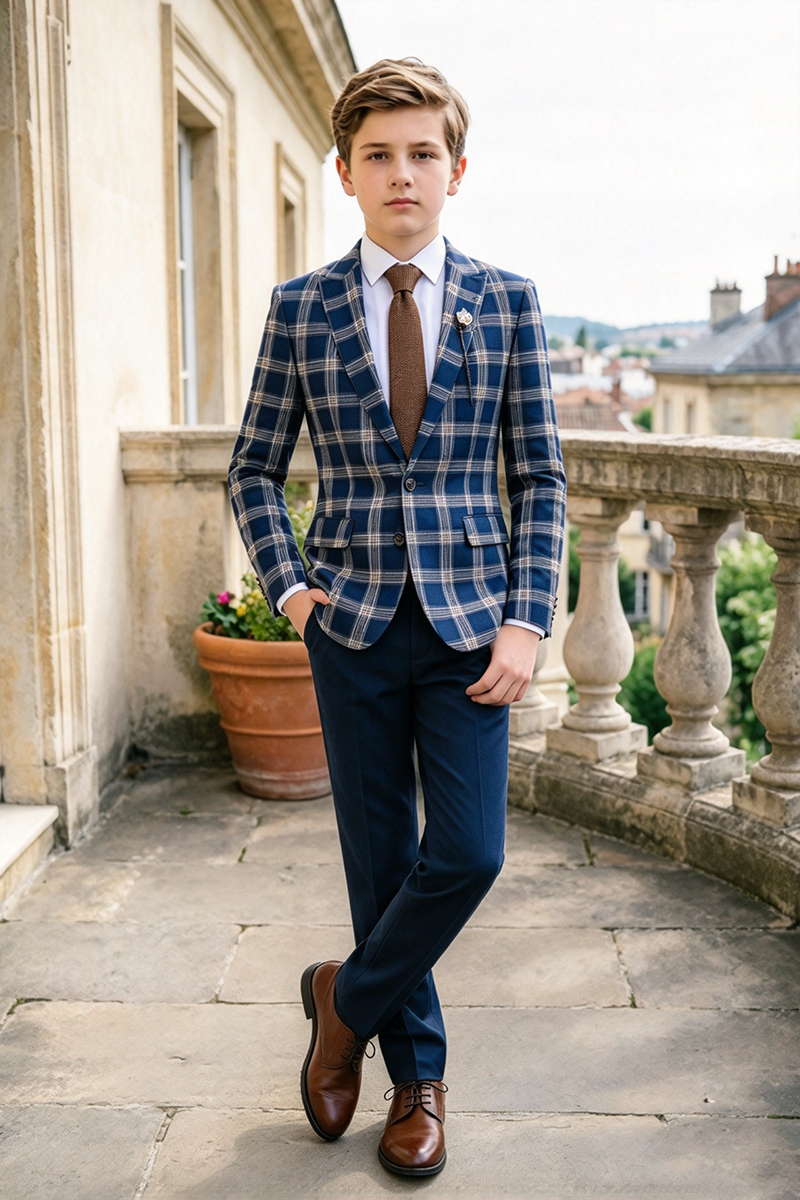 Boys Navy Plaid 2-Piece Suit for Weddings