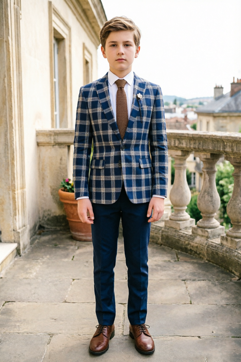 Boys Navy Plaid 2-Piece Suit for Weddings