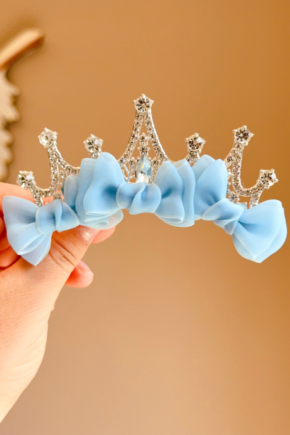 Girls Pink Organza Bow Rhinestone Alloy Tiara Hair Accessory