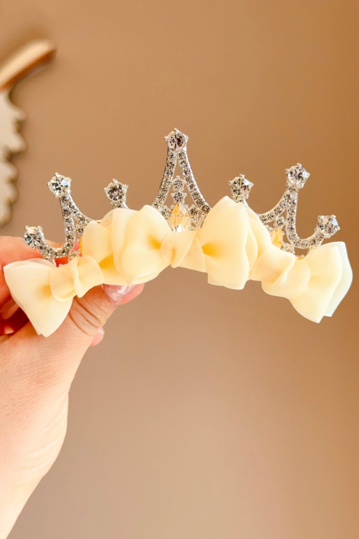 Girls Pink Organza Bow Rhinestone Alloy Tiara Hair Accessory