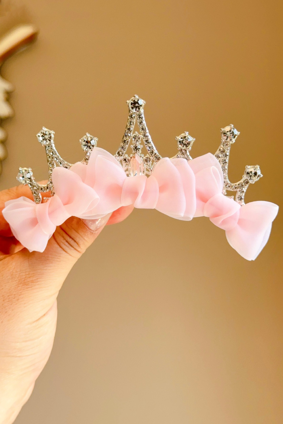 Girls Pink Organza Bow Rhinestone Alloy Tiara Hair Accessory