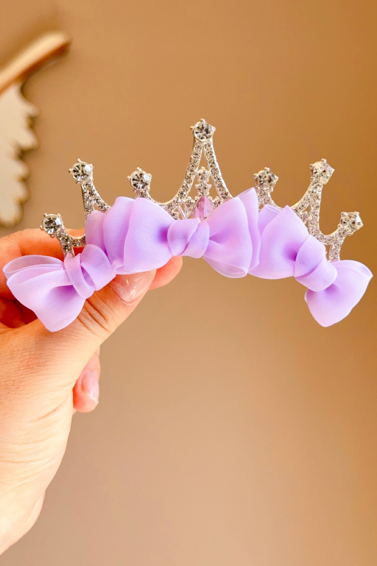 Girls Pink Organza Bow Rhinestone Alloy Tiara Hair Accessory