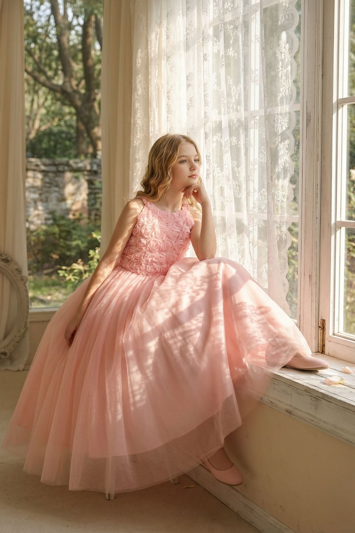 Pink Tulle Halter 3D Rose A-Line Formal Dress