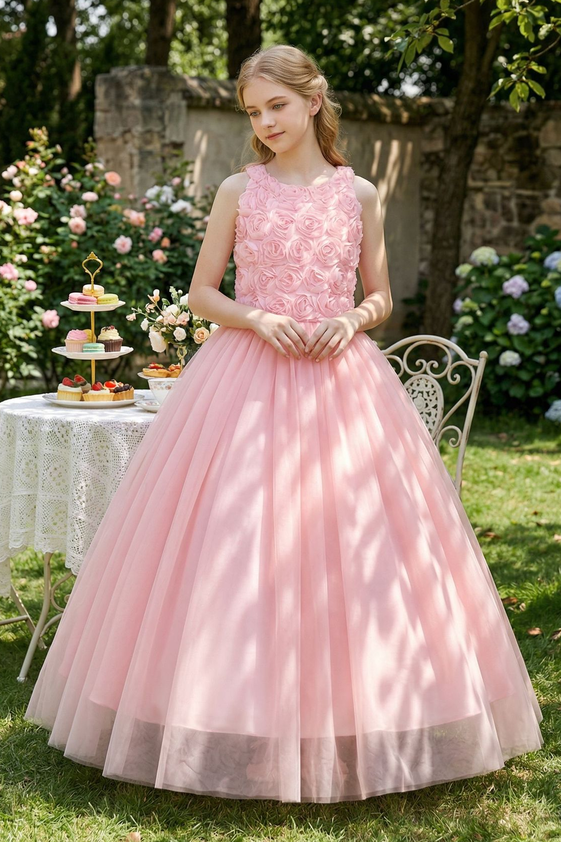 Pink Tulle Halter 3D Rose A-Line Formal Dress