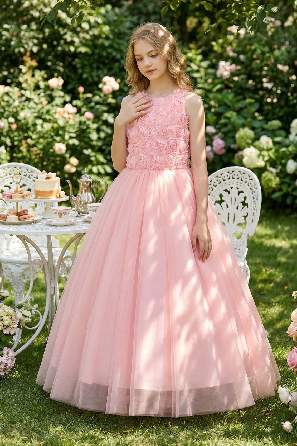 Pink Tulle Halter 3D Rose A-Line Formal Dress