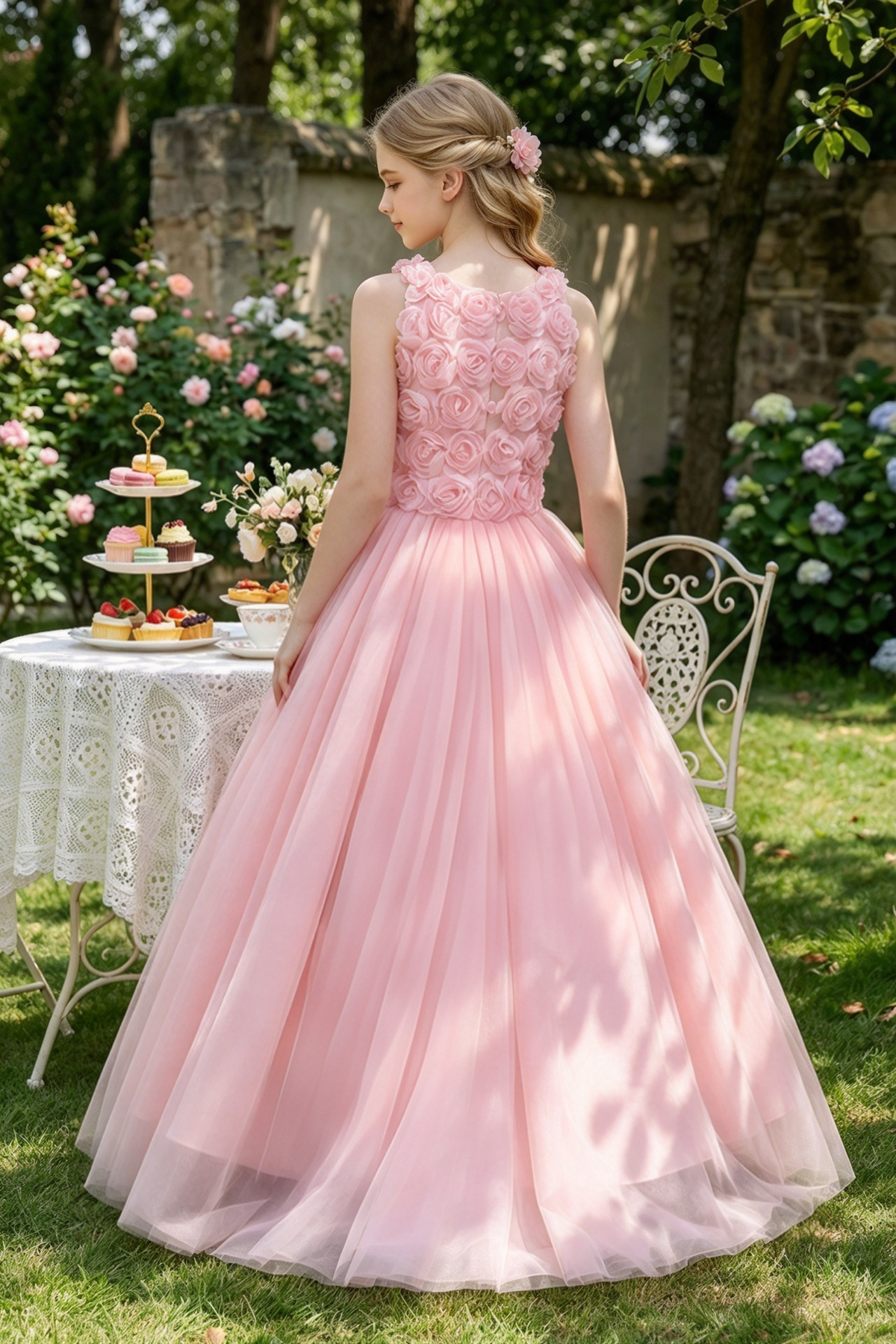 Pink Tulle Halter 3D Rose A-Line Formal Dress