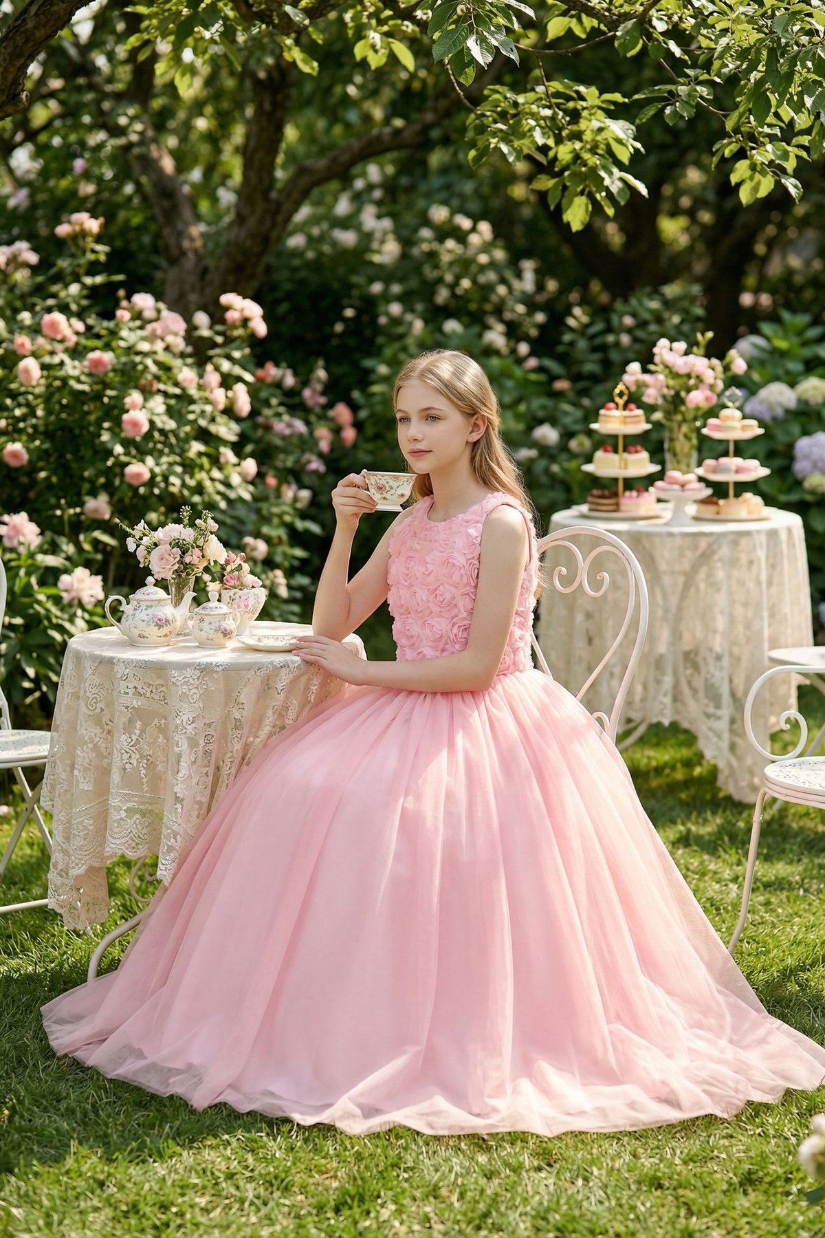 Pink Tulle Halter 3D Rose A-Line Formal Dress