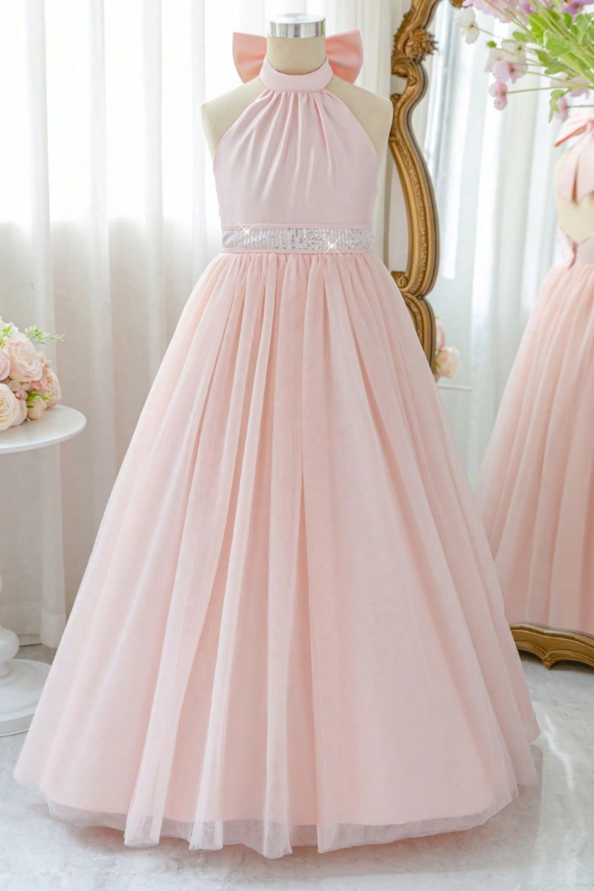 Light Pink Tulle Halter Satin Bow A-Line Formal Dress