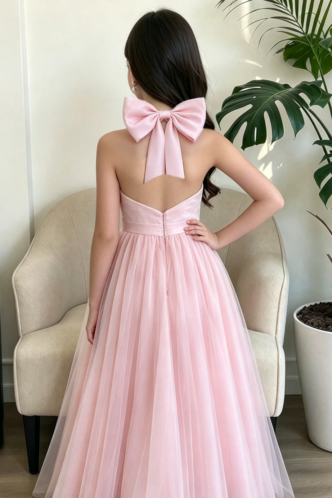 Light Pink Tulle Halter Satin Bow A-Line Formal Dress