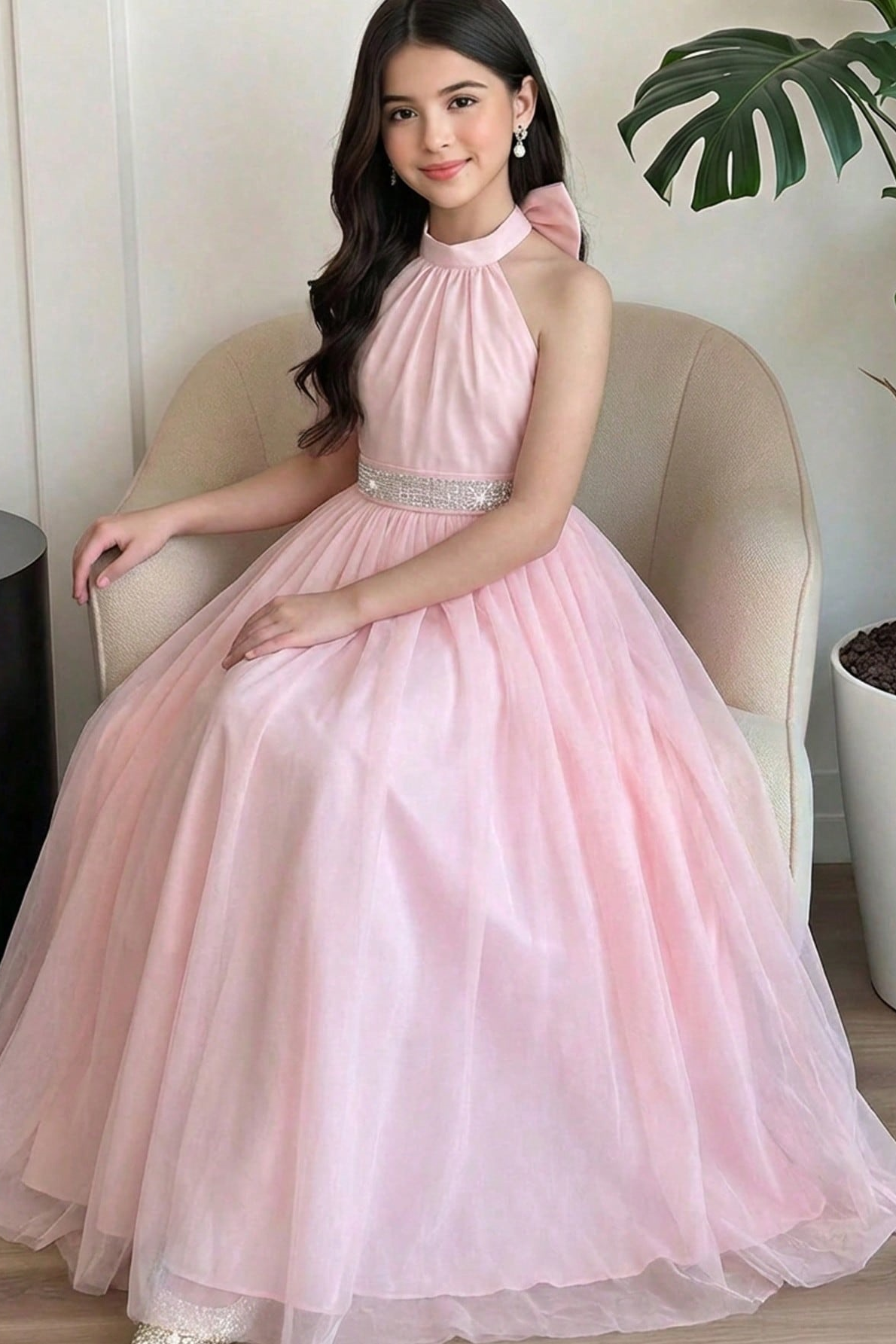 Light Pink Tulle Halter Satin Bow A-Line Formal Dress